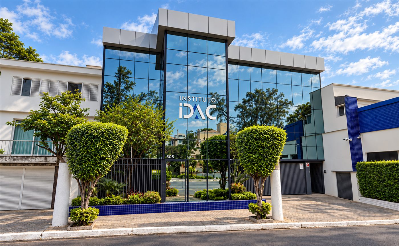 Fachada envidraçada do Instituto DAC na Rua Pedra Azul, 505