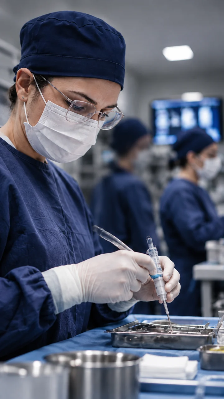 Profissional médica prepara instrumentos em um ambiente de treinamento